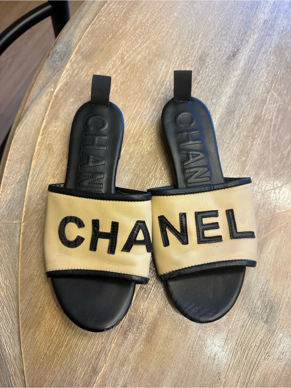 CHANEL Black & Beige Logo Slide Sandals
